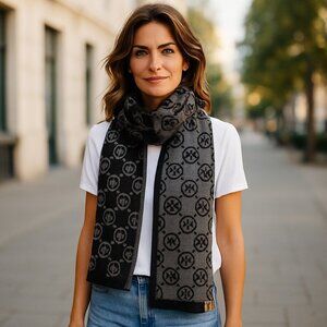 Michael Kors Reversible Monogram Logo Scarf 100% Acrylic Dark Gray & Gray NWT